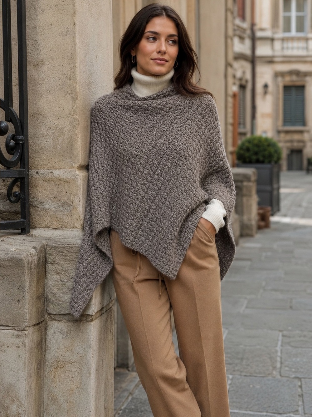 Cerretelli Firenze Made in Italy Alpaca Blend Knit Poncho Wrap OS